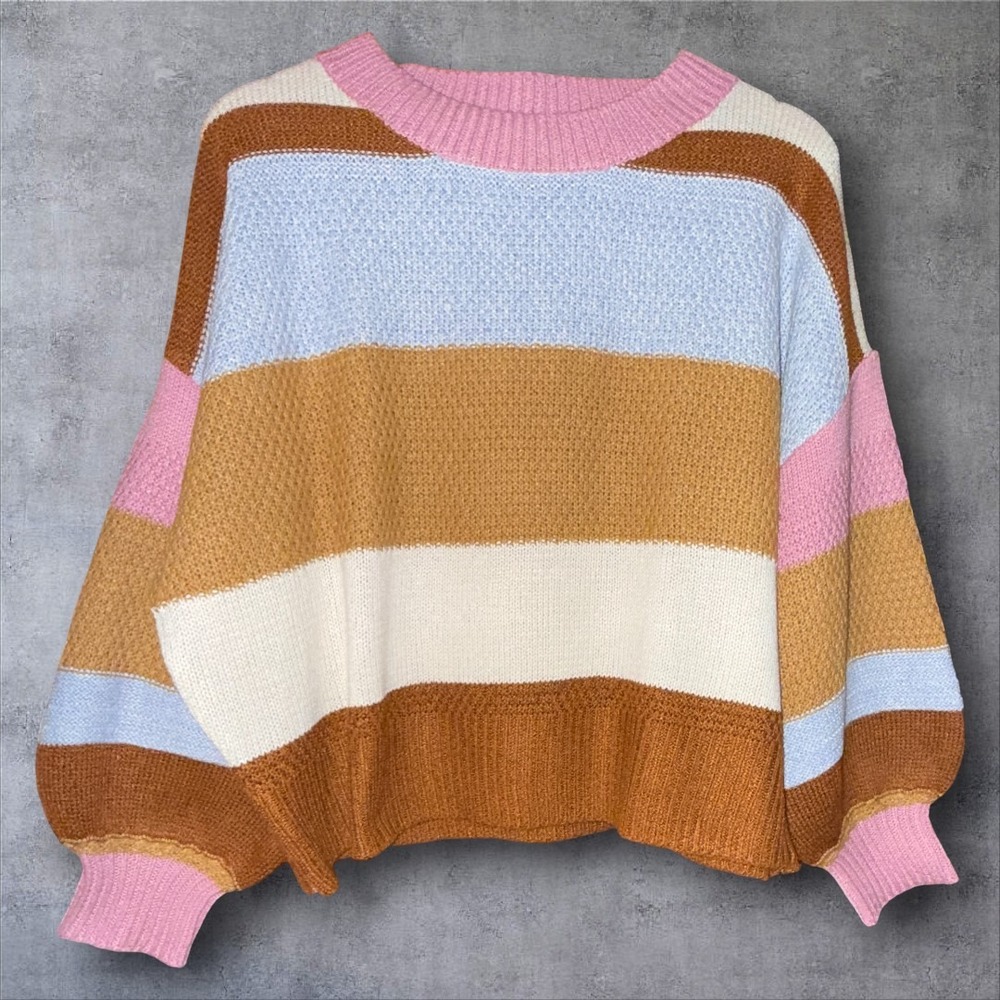 Like Love Striped Knit Sweater Women MED Pink Blue Brown Cozy Casual Long Sleeve